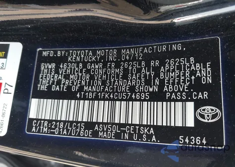 2012 Toyota Camry Se z USA, uszkodzony, nr VIN 4T1BF1FK4CU574695